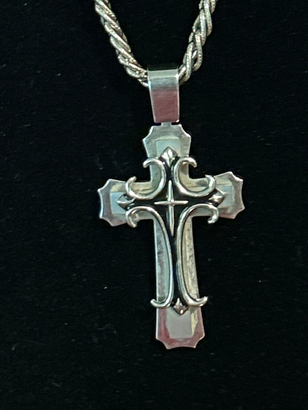 Large Heavy Dual Tone Cross Pendant Ornate Silver Tone Layered Scrollwork